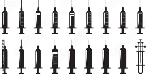 Collection of medical syringe icons in black silhouette, multiple styles and sizes on transparent background