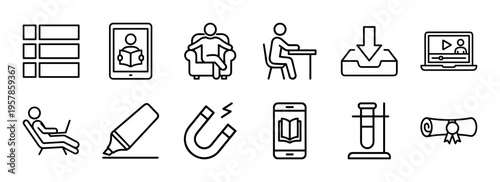 Self Education and Remote Learning Monoline Outline Icons. Minimalist geometric line art for digital study and academic research.