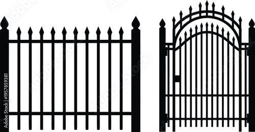 Black metal fence and gate with pointed finials and arched top