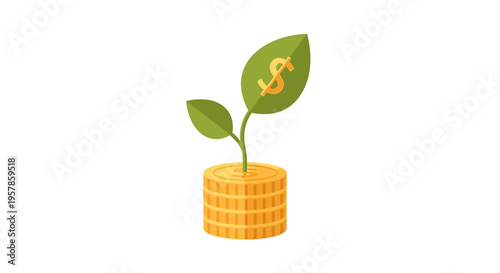 Financial Growth Concept: Plant Sprouting from Stack of Gold Coins with Dollar Sign
