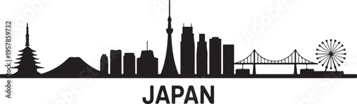 Japan skyline silhouette including famous landmarks like Tokyo Tower and Tokyo Skytree in a flat graphic style