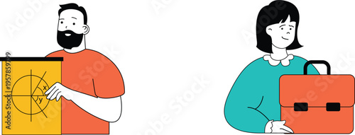 Professional presenting technical concepts to a colleague with a briefcase