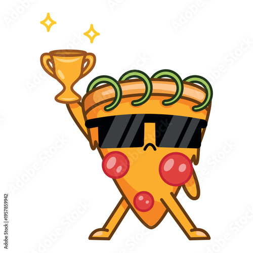 Cute pizza character, winner, holding a trophy, pizza man victorious, modern mascot for pizzeria and delivery, colourful vector isolated