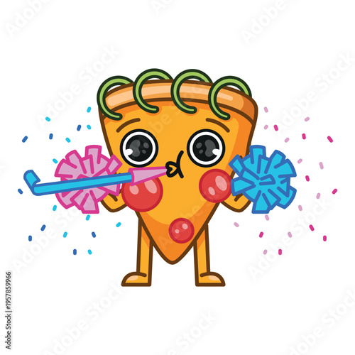 Cute pizza character, celebrating, confetti, pizza man, modern mascot, colourful vector isolated
