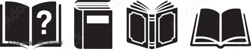 Set of stylized book icons representing knowledge education and inquiry with question mark symbol and different book styles