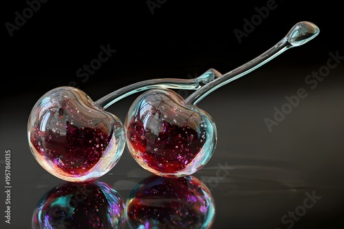 A pair of cherries carved entirely from clear glass, from a fine glass, are placed on a glossy black surface. Light passes through the cherries, creating a colorful light scattering reflection around 