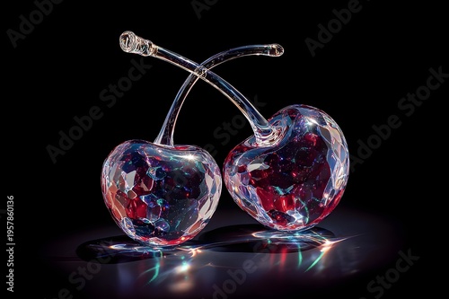 A pair of cherries carved entirely from clear glass, from a fine glass, are placed on a glossy black surface. Light passes through the cherries, creating a colorful light scattering reflection around 