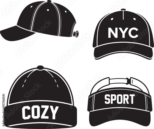 Four black baseball caps with custom text logos for urban lifestyle and sports branding