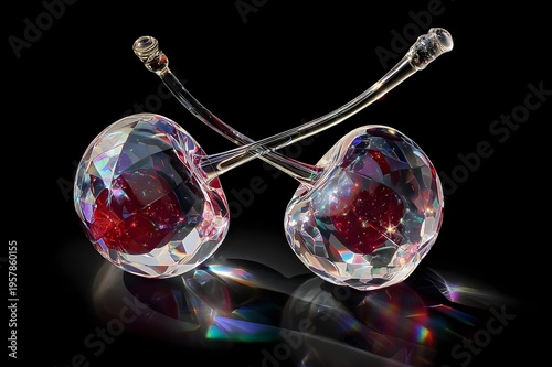A pair of cherries carved entirely from clear glass, from a fine glass, are placed on a glossy black surface. Light passes through the cherries, creating a colorful light scattering reflection around 