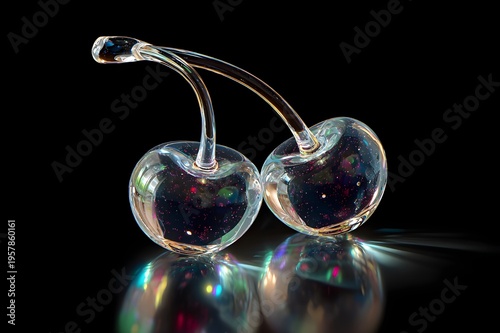 A pair of cherries carved entirely from clear glass, from a fine glass, are placed on a glossy black surface. Light passes through the cherries, creating a colorful light scattering reflection around 