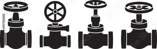 Set of black silhouettes of pipe valves and fittings isolated on transparent background