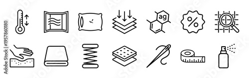 Orthopedic Pillow and Bedding Features Linear Icon Set. Professional Thin Line Symbols for Sleep Technology, Textile Care, and Ergonomics.