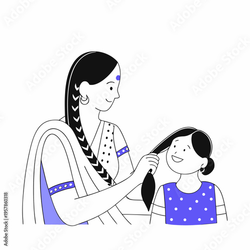 Indian Woman Styling Child's Hair - Mother and Daughter Character Illustration | 2D Animation Design