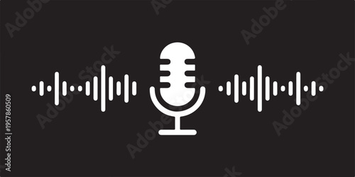 Microphone icon with sound wave on black background. Audio recording, voice input, podcast, music symbol