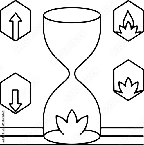 Minimalist black outline hourglass vector icon with up/down arrows and leaf symbols for time management