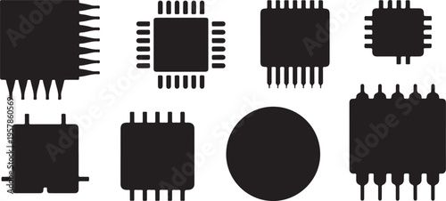 Collection of integrated circuits electronic components chips various shapes and sizes isolated on background