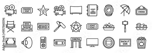 Cinema and Movie Production Visual Elements Set; Minimalist Monoline Geometric Line Art for Digital Entertainment and Media Industry