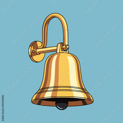 A polished golden bell with a black clapper hangs on a curved bracket against a blue background