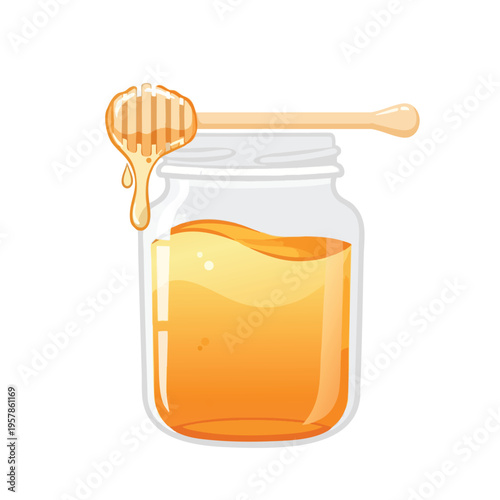Glass jar filled with golden honey, a wooden dipper with a drop of honey