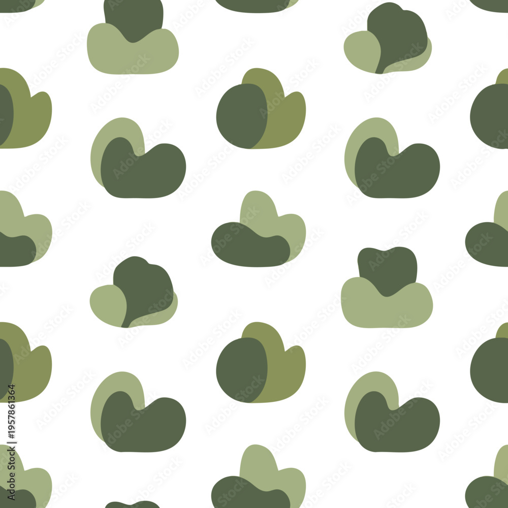 Fototapeta premium Organic shapes in muted green tones arranged in a repeating pattern on white