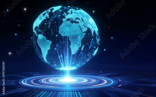 Digital Earth pulses with blue light connected to global networks and