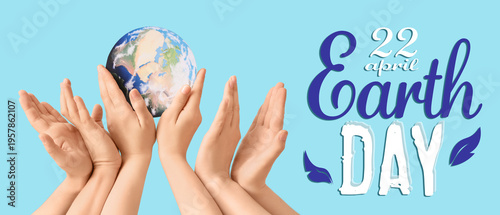 Many hands holding model of...