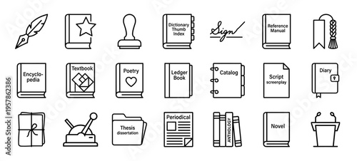 Literature and Academic Education Icon Set featuring Minimalist Monoline Geometric Line Art for Publishing and Library Services