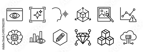 Artificial Intelligence Line Art Bundle Featuring Machine Learning Algorithms and Neural Network Graphics for Modern Digital Technology Interface Design.