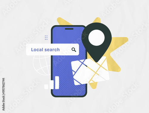 Local search engine optimization, hyperlocal mobile geolocation tool, nearby business query results. Smartphone local search seo digital marketing concept, modern organic vector illustration