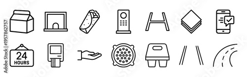 Minimalist drive-thru and quick service logistics line art, geometric monoline symbols for fast food ordering and restaurant navigation.