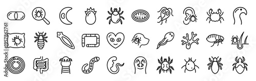 Microscopic Parasite and Veterinary Biology Monoline Icons: Minimalist Geometric Line Art for Science and Pet Health Research Applications