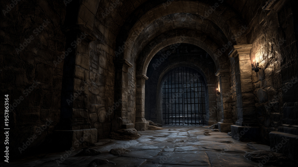 Obraz premium Dark medieval dungeon corridor with stone archway tunnel, eerie shadows and moody lighting, ancient underground passage, mysterious gothic atmosphere.