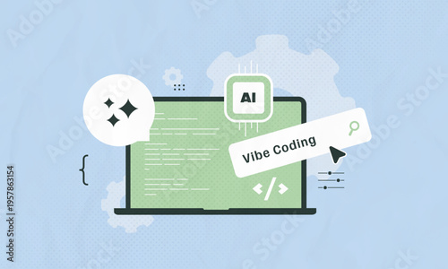 Vibe coding laptop interface, conversational AI programming tool, intuitive code generation workflow. Creative developer concept, AI assistance and coding elements modern organic vector illustration