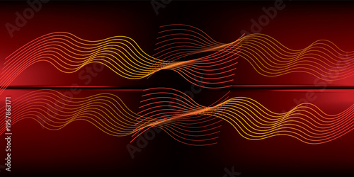 Glowing red and yellow abstract wave on dark, shiny motion, magic space light. Techno abstract background