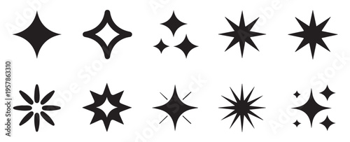 Collection of diverse sparkle starburst and twinkle light effect icons on white background, abstract shapes