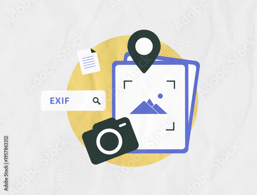 EXIF metadata viewer tool, photo geotag location search, image properties analysis interface, camera exif file data extraction concept, modern organic vector illustration, vector illustration