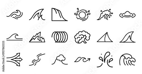 Marine Surf Waves and Oceanic Tides Minimalist Monoline Outline Icon Set for Coastal Branding and Nautical Graphic Design Interfaces