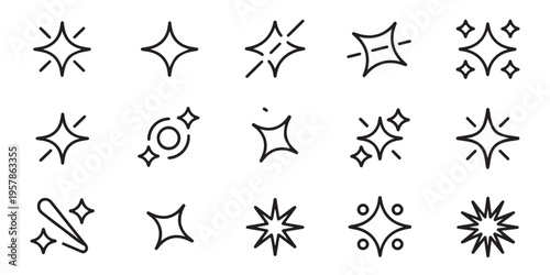 Group of thin line art star, sparkle, and burst icons on a plain white background, minimal graphic assets