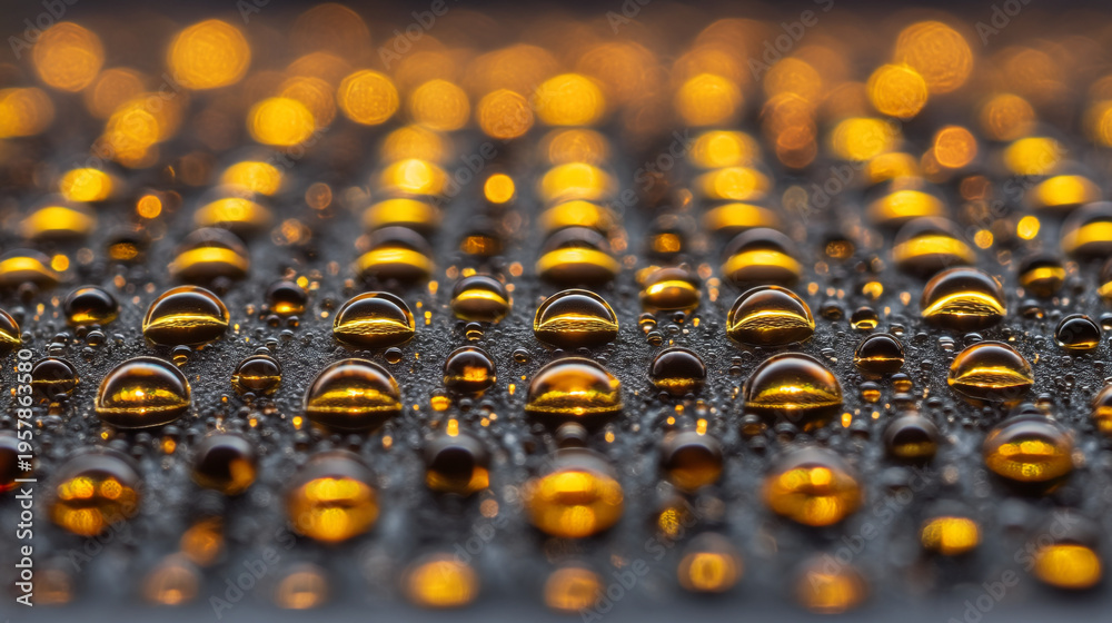 Fototapeta premium A close-up view of amber-colored water droplets on a dark surface