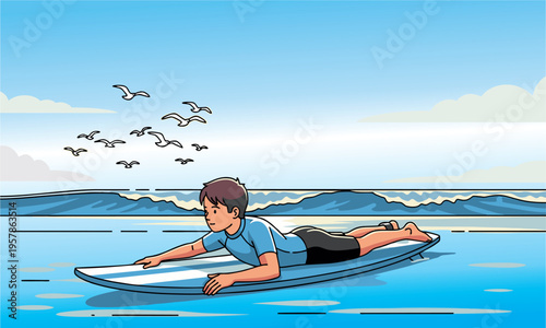 Illustration of Rowing Men Using Hands on a Sliding Board Towards the Middle of the Sea
