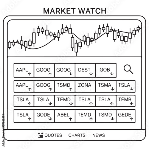 Minimalist stock market trading app interface displaying real-time candlestick charts and ticker symbols for various companies, clean black and white line art for financial data visualization.
