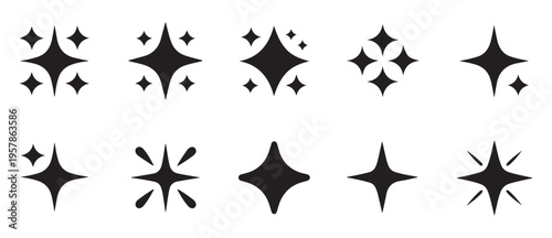 Assortment of sparkle and starburst icons, twinkle light effects, abstract shapes for graphic elements