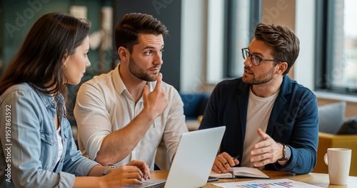 Three professionals reviewing laptop screen smiling indoors