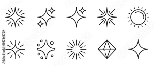 Shiny star outline collection including sun and diamond symbols for branding and celestial decoration projects