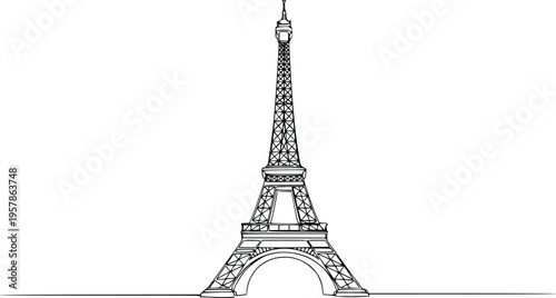 Minimalist Continuous Line Eiffel Tower Wide Composition Hand Drawn Vector Paris France