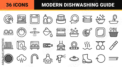 Professional Dishwashing and Kitchen Sanitation Geometric Line Art Featuring Dishwashers, Plates, and Cleaning Supplies in Minimalist Style.