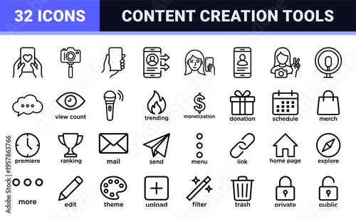 Social Media Content Creation and Influencer Marketing UI Elements Featuring Minimalist Monoline Geometric Line Art for Mobile Vlogging