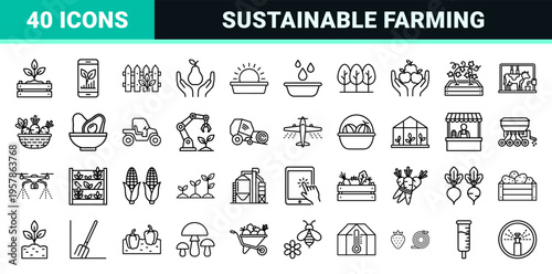 Sustainable Agriculture and Smart Farming Minimalist Line Icons featuring Organic Cultivation Harvest Equipment and Agronomy Symbols