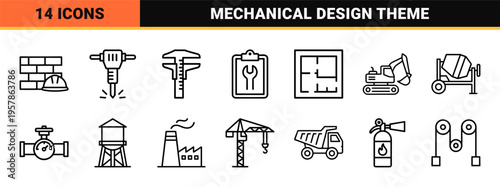 Industrial Engineering and Construction Tool Outlines featuring Geometric Monoline Symbols for Technical Drafting and Mechanical Design Projects