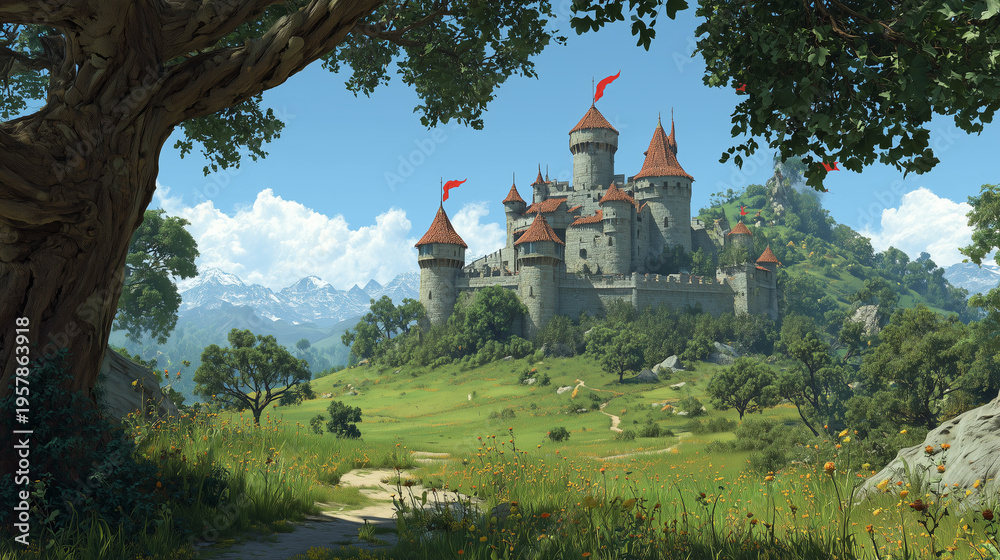 Fototapeta premium Elegant medieval castle standing on a lush green hill under soft light, showcasing timeless architecture, history, and scenic countryside landscape.